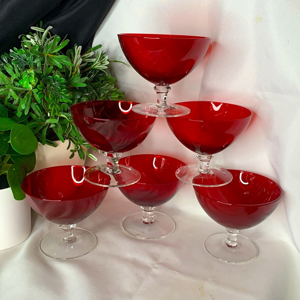 Set of 6 vintage ruby red low sherbet / champagne / dessert cups / glasses